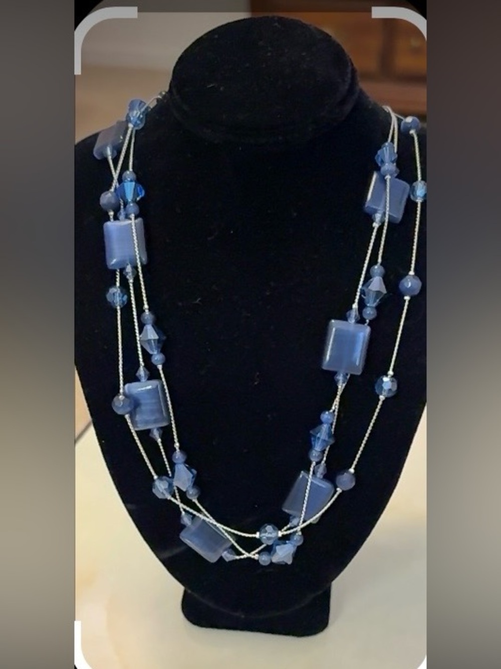 Lia Sophia Triple Strand Silver Necklace w Blue Square andRound Beads .15”